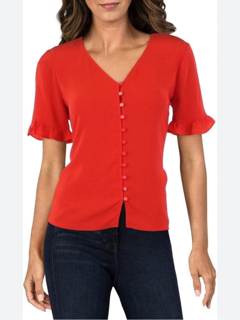 CeCe Red V-Neck Button Front Blouse with Ruffle Sleeves